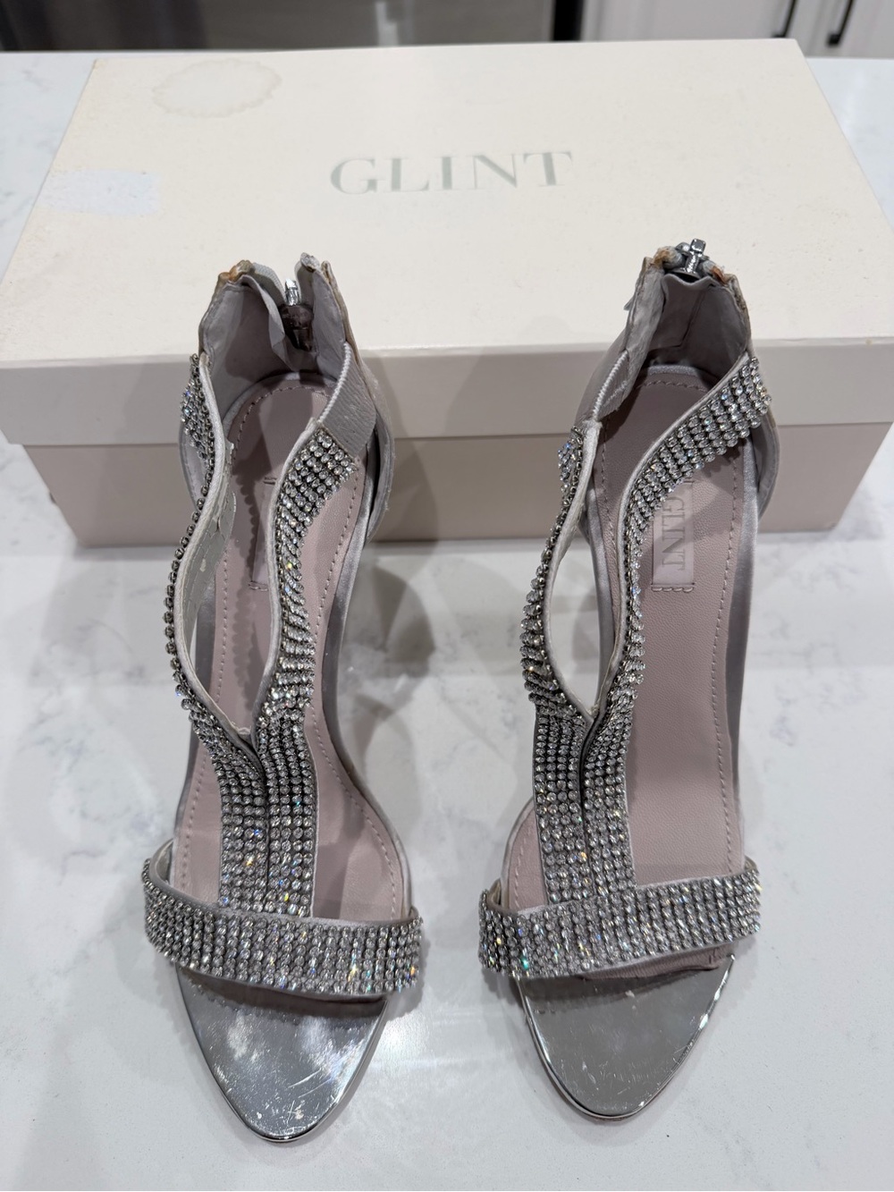 Glint Silver Crystal Strappy Evening Heels